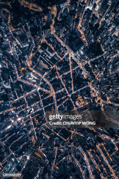 top view of central district in hong kong china at night - china aircraft stock pictures, royalty-free photos & images