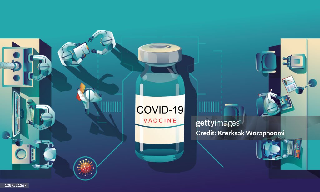 Medical team and scientist have discovered the COVID-19 vaccine, laboratory test, syringe, a vaccine vial, working on the test. vaccine development Ready for treatment illustration, vector flat design