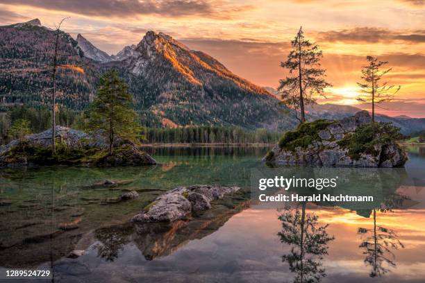 lake hintersee at berchtesgaden national park, ramsau, bavaria, germany - nationalpark berchtesgaden stock-fotos und bilder