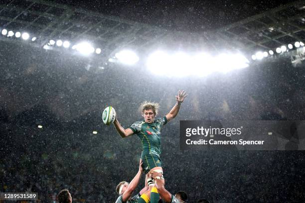 Ned Hangigan of the Wallabies takes a line out during the 2020 Tri-Nations match between the Australian Wallabies and the Argentina Pumas at Bankwest...