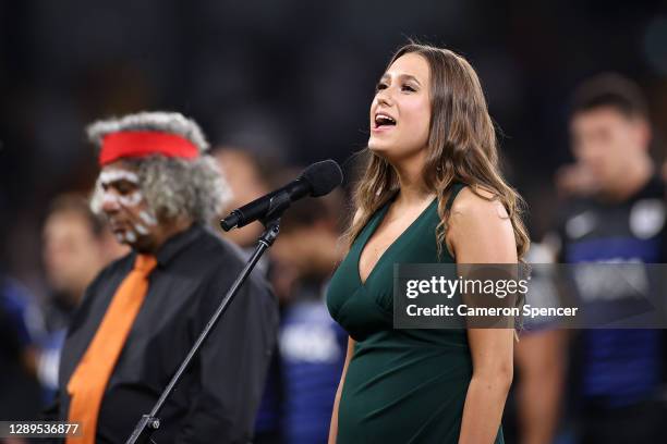 Olivia Fox sings the national anthem during the 2020 Tri-Nations match between the Australian Wallabies and the Argentina Pumas at Bankwest Stadium...