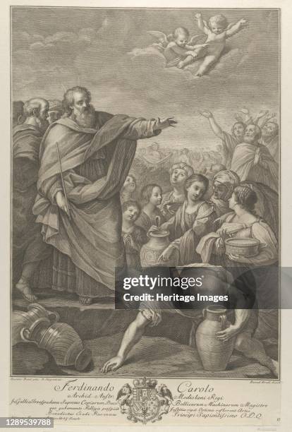 Moses at left with the Israelites who gather manna as it falls from the sky, two angels above, after Reni, 1776. Artist Benedetto Eredi, Ranieri...
