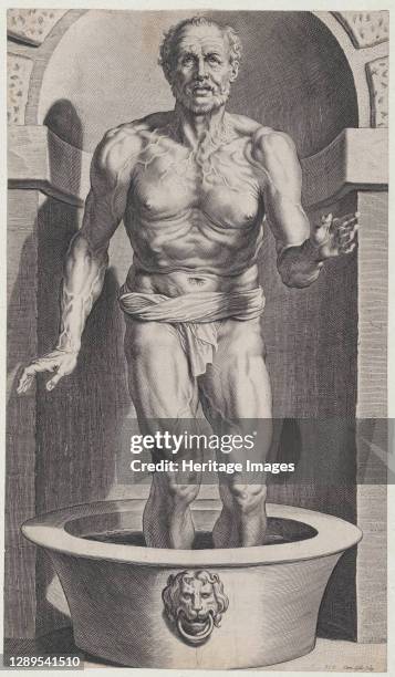 Seneca at the bath, standing in a niche with his feet in a basin, ca. 1615. Artist Cornelis Galle I.