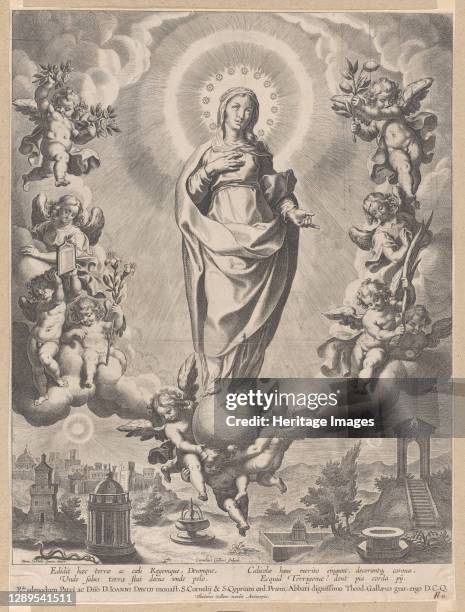 The Virgin in Glory, standing on clouds and surrounded by angels holding the symbols of the Immaculate Conception, 1595-1633. Artist Cornelis Galle I.