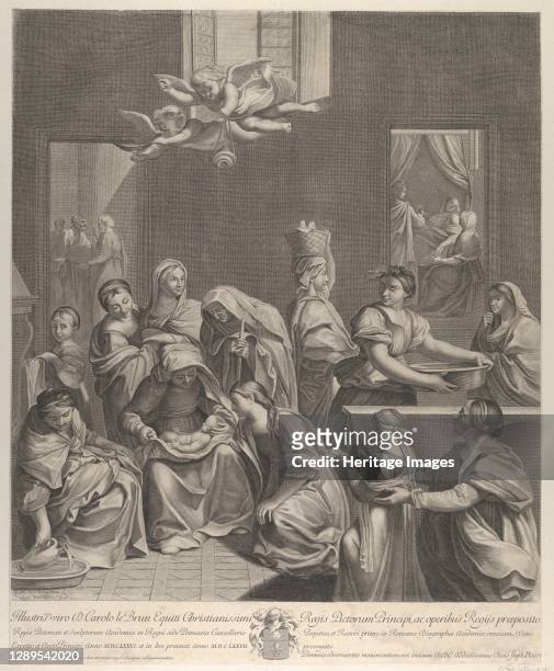 The birth of the Virgin; woman seated with an infant in her lap, numerous women surrounding her, angels above, after Reni, 1677. Artist Etienne...