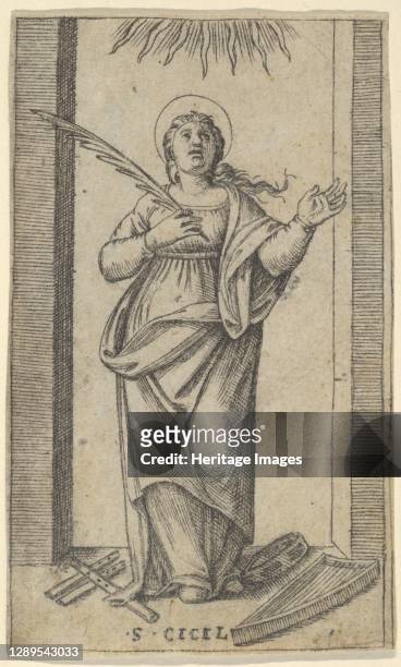Saint Cecilia standing holding a palm of martyrdom in her right hand, from the series 'Piccoli Santi' , ca. 1500-1527. Artist Marcantonio Raimondi.