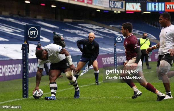 Josua Tuisova of Fiji touches down to score their third try during the Autumn Nations Cup match between Georgia and Fiji at Murrayfield on December...