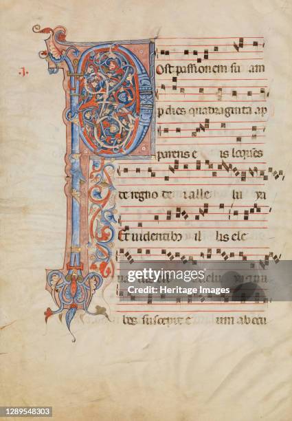 Manuscript Leaf with Foliated Initial P, from an Antiphonary, Italian, ca. 1250-60. Artist Unknown.