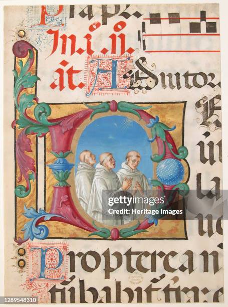 Manuscript Illumination with Singing Monks in an Initial D, from a Psalter, Italian, 1501-2. Artist Girolamo dai Libri.