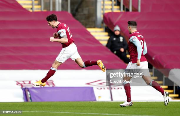 Robbie Brady of Burnley celebrates after scoring his team's first goal during the Premier League match between Burnley and Everton at Turf Moor on...