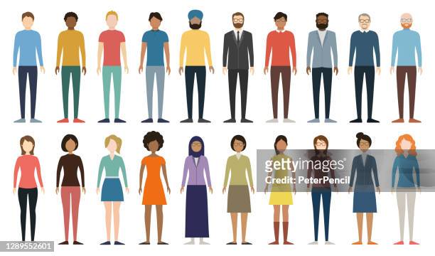 ilustrações de stock, clip art, desenhos animados e ícones de multicultural group of people. set of different men and women. full height figures. young, adult and older peole. european, asian, african and arabian people. diverse empty faces. vector illustration. - hijab