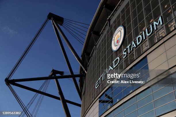 General view outside the stadium prior to the Premier League match between Manchester City and Fulham at Etihad Stadium on December 05, 2020 in...