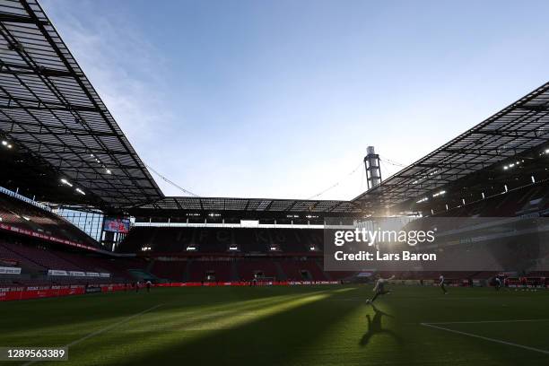 General view inside the stadium as Koen Casteels of VfL Wolfsburg wu prior to the Bundesliga match between 1. FC Koeln and VfL Wolfsburg at...