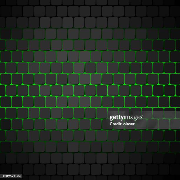 keyboard-like green glow behind rounded square in honeycomb pattern with individually lit shapes - computer keyboard dark stock illustrations