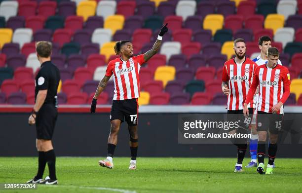 Ivan Toney of Brentford celebrates scoring his sides first goal during the Sky Bet Championship match between Brentford and Blackburn Rovers at...