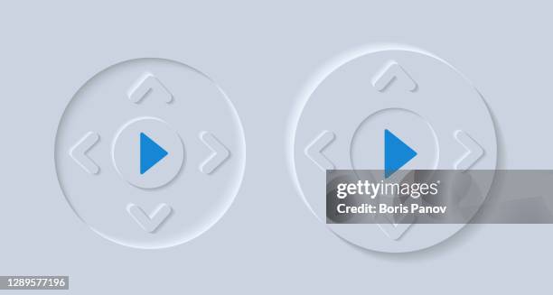 directional pad with white up down left right arrows for music streaming mobile app in clean and modern skeuomorphism or neumorphism user interface style - rounded rectangle infographic stock illustrations