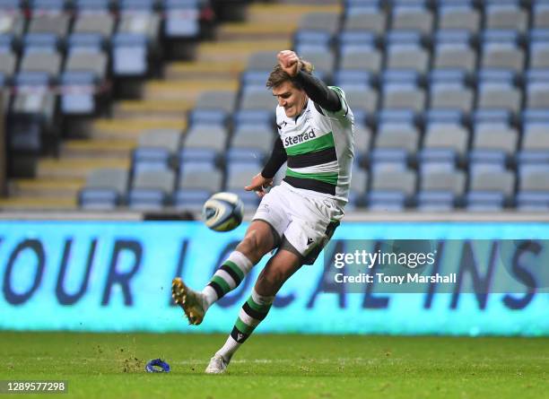 Toby Flood of Newcastle Falcons takes a kick during the Gallagher Premiership Rugby match between Wasps and Newcastle Falcons at Ricoh Arena on...