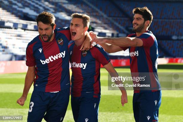 Jorge De Frutos of Levante UD celebrates with teammate Jorge Andujar 'Coke' and Gonzalo Melero after scoring his team's third goal during the La Liga...