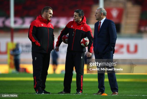 Wayne Pivac , Head Coach of Wales with attack coach Stephen Jones and Breakdown and defence coach Gethin Jenkins during the warm up prior to the...