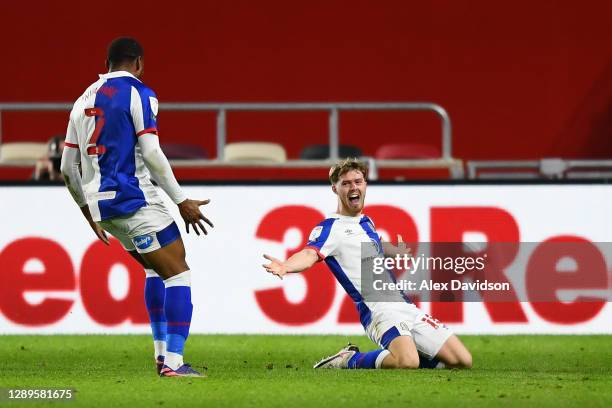 Jacob Davenport of Blackburn Rovers celebrates scoring his sides second goal during the Sky Bet Championship match between Brentford and Blackburn...