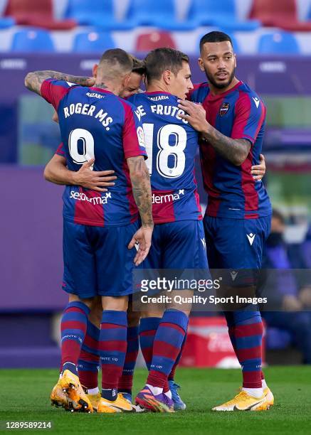 Dani Gomez of Levante celebrates after scoring his team's second goal with his teammates during the La Liga Santander match between Levante UD and...