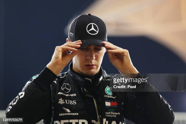 Second placed qualifier George Russell of Great Britain and Mercedes GP looks on in parc ferem during qualifying ahead of the F1 Grand Prix of Sakhir...