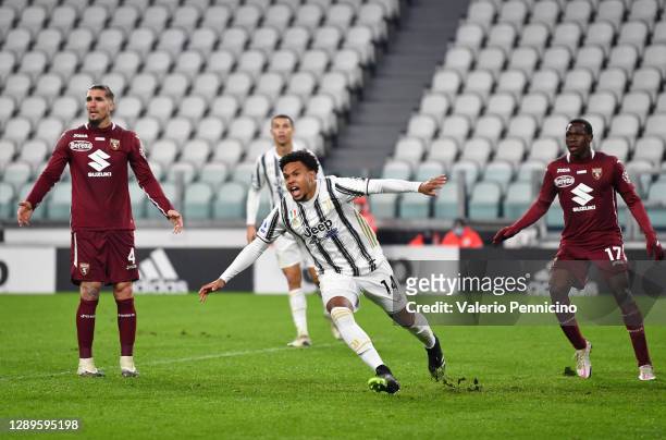 Weston McKennie of Juventus celebrates after scoring his team's first goal during the Serie A match between Juventus and Torino FC at Allianz Stadium...