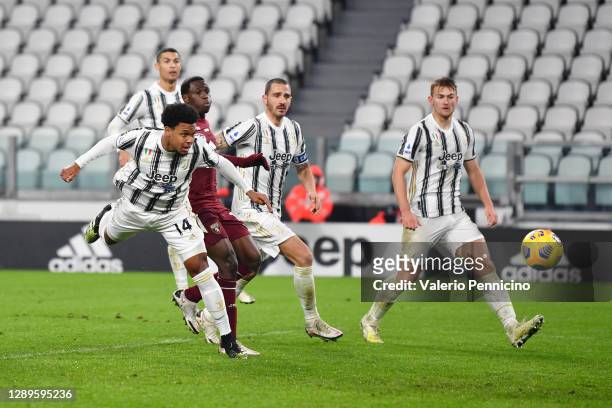 Weston McKennie of Juventus scores his team's first goal during the Serie A match between Juventus and Torino FC at Allianz Stadium on December 05,...