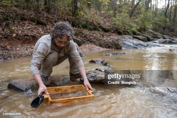 homme caucasien recherchant des gemmes tamisant l’eau de ruisseau de la caroline du nord avec un tamis - sifting stock photos et images de collection