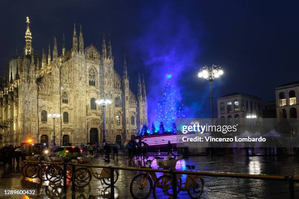 General view of the Christmas tree in Duomo square on December 05, 2020 in Milan, Italy.