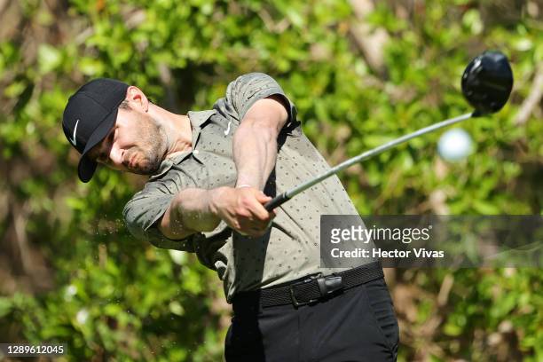 Kyle Stanley of the United States plays his shot from the third tee during the third round of the Mayakoba Golf Classic at El Camaleón Golf Club on...