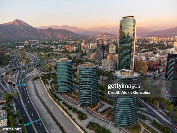 aerial view of santiago de chile at sunset - santiago chile skyline stock pictures, royalty-free photos & images