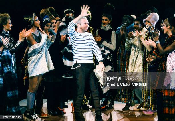 Fashion designer Jean-Paul Gaultier walks the runway during the Jean Paul Gaultier Ready to Wear Fall/Winter 1997-1998 fashion show as part of the...