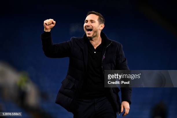 Frank Lampard, Manager of Chelsea celebrates following the Premier League match between Chelsea and Leeds United at Stamford Bridge on December 05,...