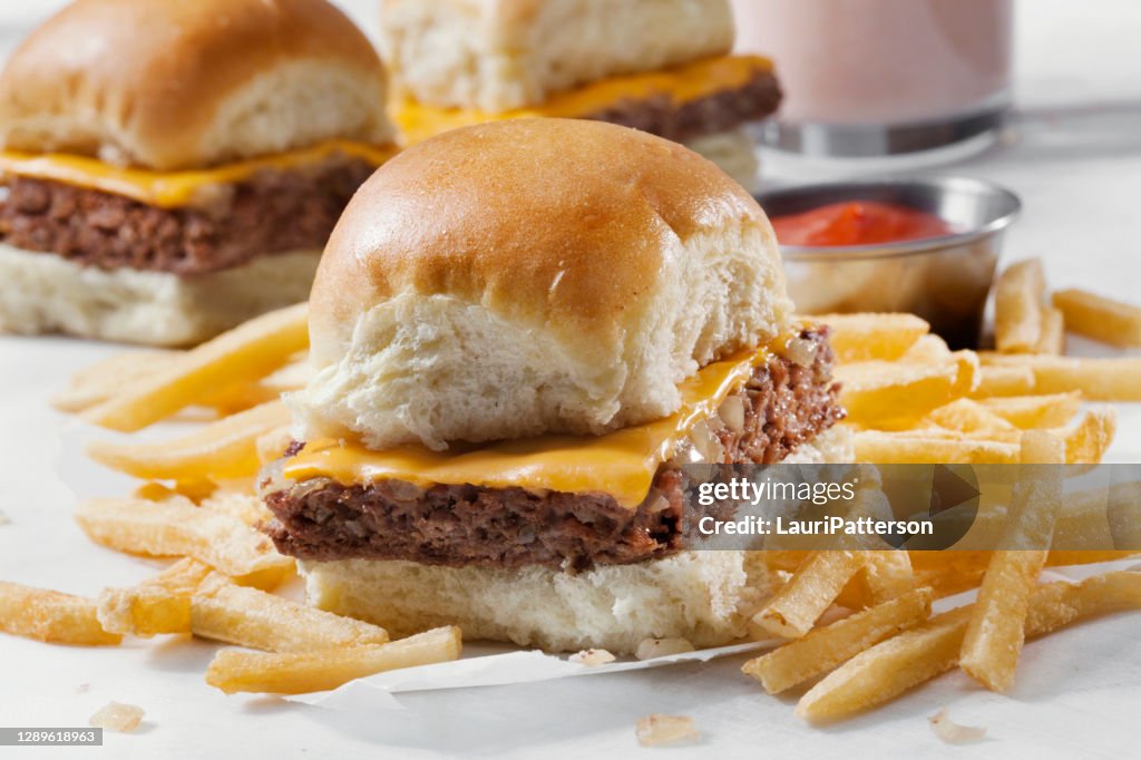 The Original Pan Baked Cheese Burger Sliders with Fried Onions on Soft Dinner Rolls