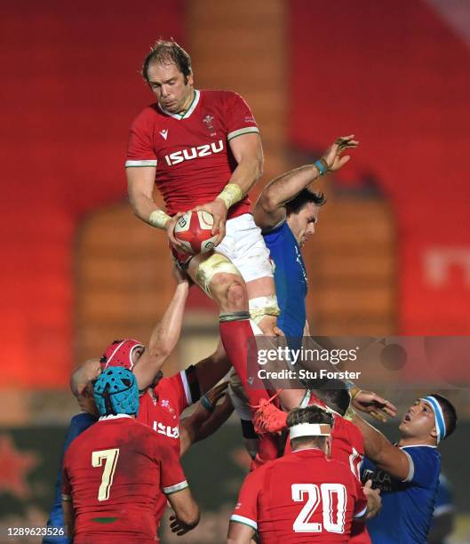 Alun Wyn Jones of Wales wins a lineout ball during the Autumn Nations Cup match between Wales and Italy at Parc y Scarlets on December 05, 2020 in...