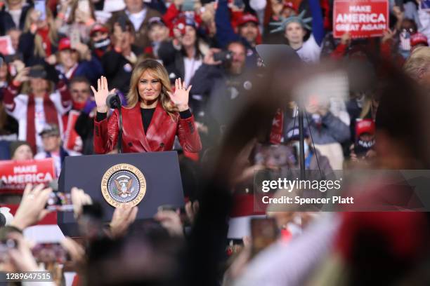 Melania Trump joins her husband President Donald Trump at a rally in support of Sen. David Perdue and Sen. Kelly Loeffler on December 05, 2020 in...