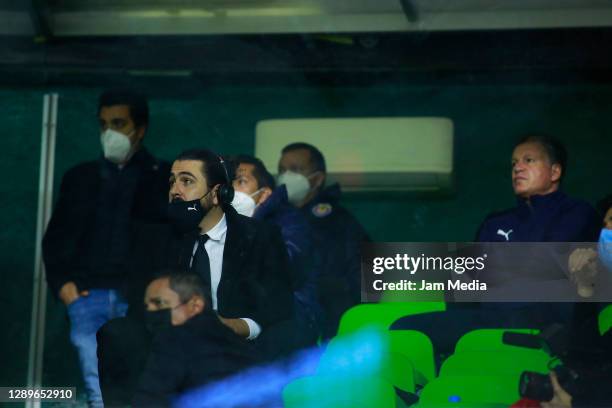 Amauri Vergara owner of Chivas and Ricardo Pelaez Director of Sport observe the game during the semifinal second leg match between Leon and Chivas as...