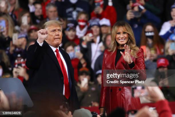 President Donald Trump and first lady Melania attend a rally in support of Sen. David Perdue and Sen. Kelly Loeffler on December 05, 2020 in...