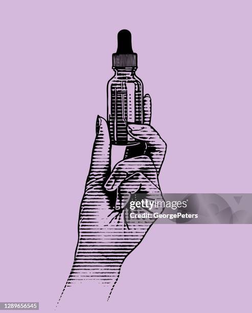 hand holding cbd oil bottle and pipette - cannabis oil stock illustrations