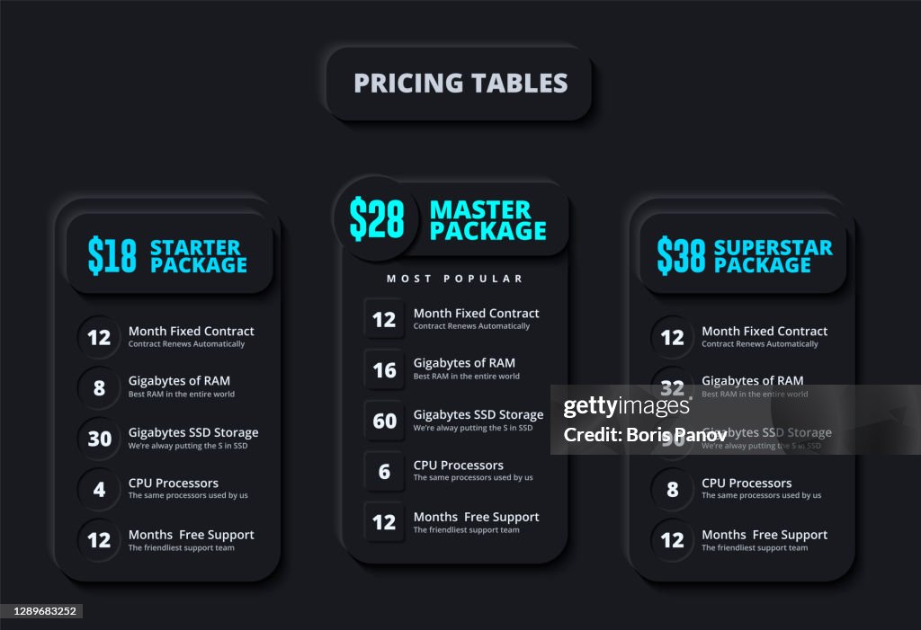 Fancy and Clean Modern Price Charts or Service Table Infographic for E-Commerce Website on Dark Background