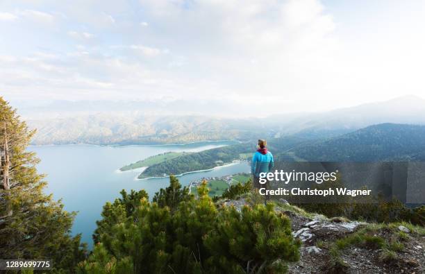 gebirgslandschaft mit wanderer - rolling hills sun stockfoto's en -beelden