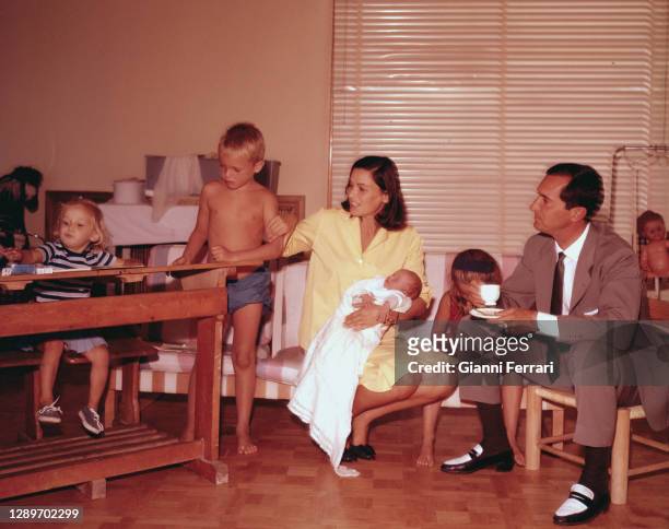 Italian actress Lucia Bose , Miss Italy 1947, with her husband the Spanish bullfighter Luis Miguel Dominguin and her four sons, Madrid, Spain, 1966.