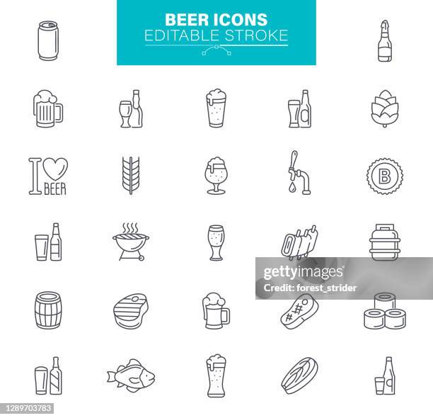 ilustraciones, imágenes clip art, dibujos animados e iconos de stock de stroke editable de iconos de cerveza - conjunto de iconos de l�ínea de barras - artisanal food and drink