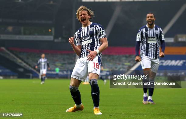 Conor Gallagher of West Bromwich Albion celebrates scoring his teams first goal during the Premier League match between West Bromwich Albion and...