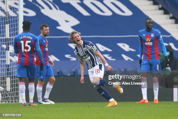 Conor Gallagher of West Bromwich Albion celebrates after scoring their team's first goal during the Premier League match between West Bromwich Albion...