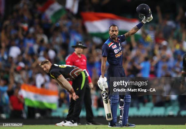 Hardik Pandya of India celebrates victory after hitting the winning runs during game two of the Twenty20 International series between Australia and...