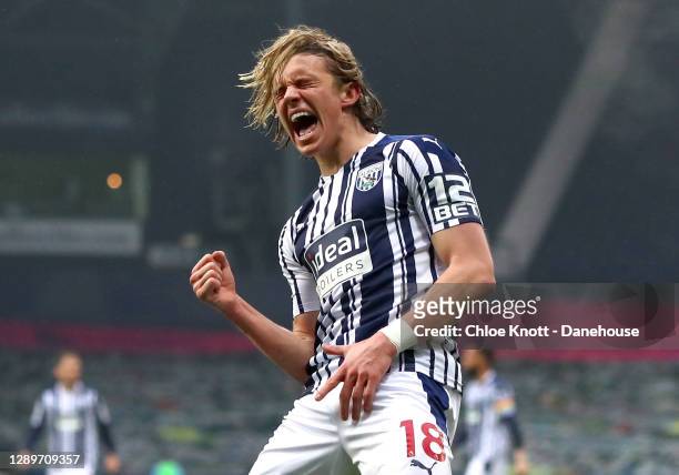 Conor Gallagher of West Bromwich Albion celebrates scoring his teams first goal during the Premier League match between West Bromwich Albion and...