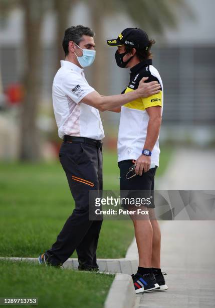 Fernando Alonso of Spain and Renault Sport F1 and McLaren Performance Director Andrea Stella talk in the Paddock before the F1 Grand Prix of Sakhir...