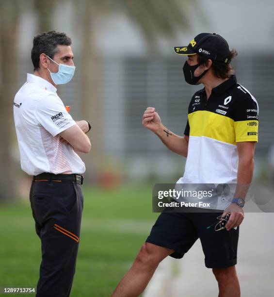 Fernando Alonso of Spain and Renault Sport F1 and McLaren Performance Director Andrea Stella talk in the Paddock before the F1 Grand Prix of Sakhir...